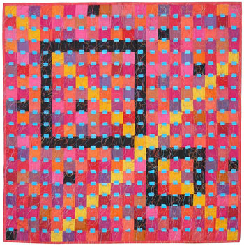 pink squares with yellow light rays and 2 balck squares