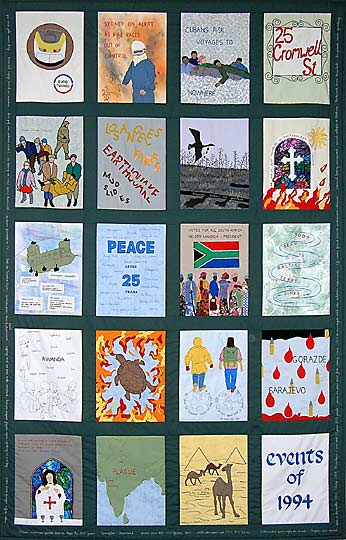 20 panel quilt with appliques showing the listed events