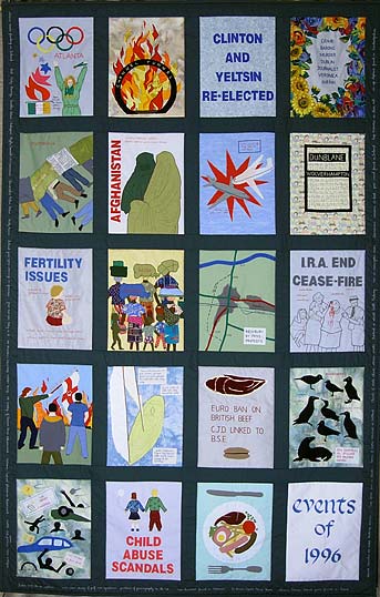 20 panel quilt with appliques showing the listed events