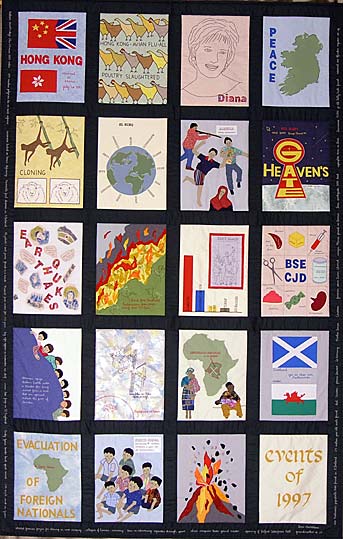 20 panel quilt with appliques showing the listed events