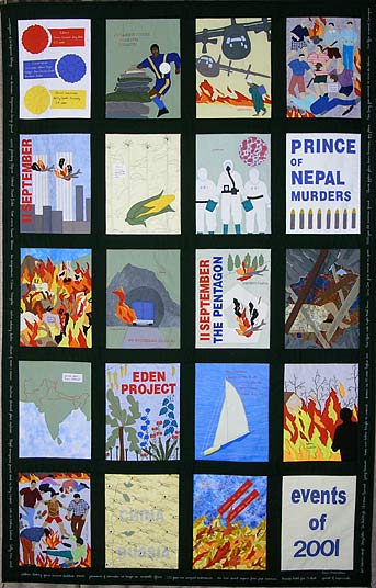 20 panel quilt with appliques showing the listed events