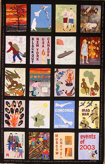 20 panel quilt with appliques showing the listed events