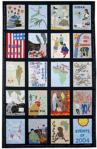 20 panel quilt with appliques showing the listed events